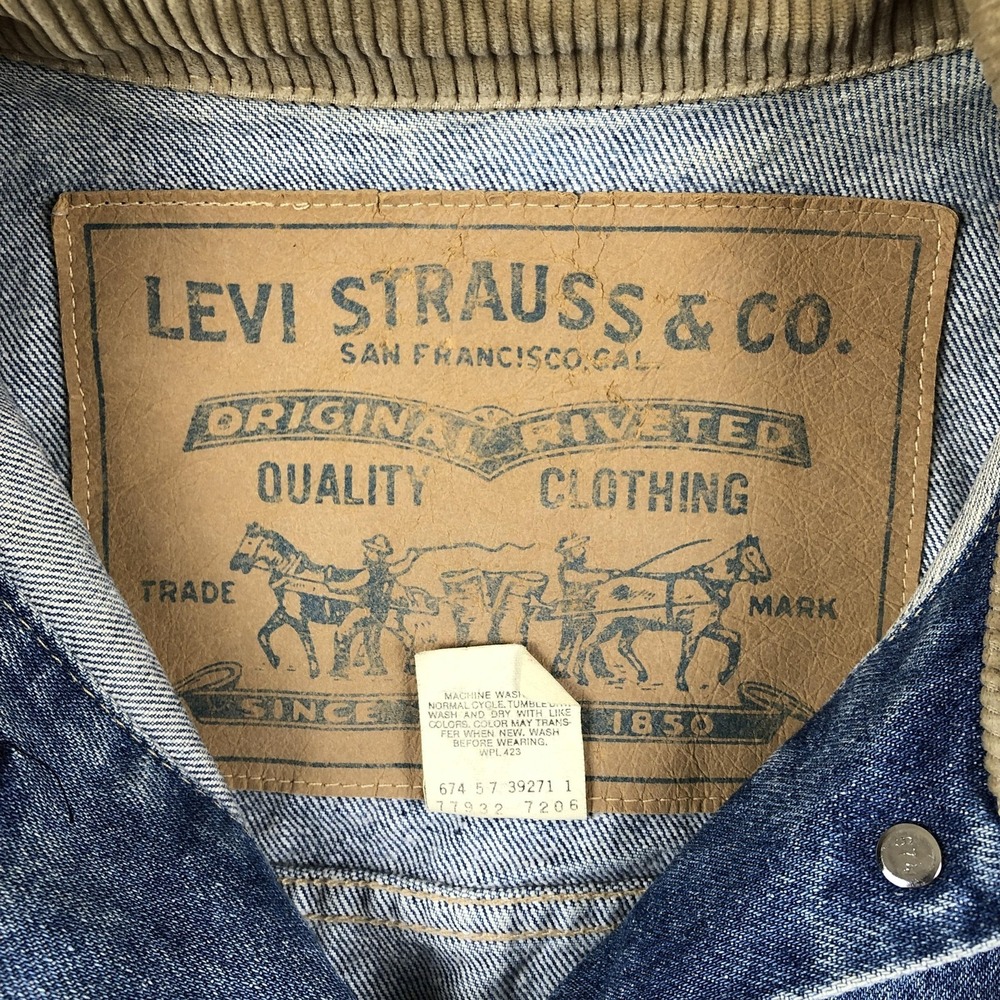 Vintage Levis Coat Womens Medium Blue‎ Denim Corduroy Collar Long Western USA - Picture 4 of 10
